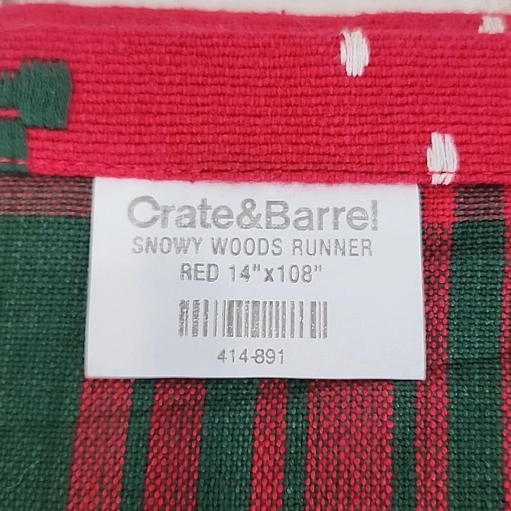 Crate & Barrel Snowy Woods red green reversible table runner 14